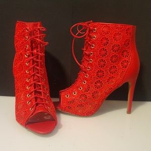 Red Lace Up Heeled Booties